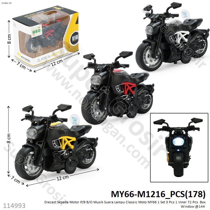 Diecast Sepeda Motor P/B B/O Musik Suara Lampu Classic Moto MY66 1 Set 3 Pcs 1 Inner 72 Pcs  Box Window @144