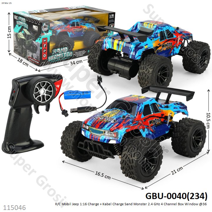 R/C Mobil Jeep 1:16 Charge + Kabel Charge Sand Monster 2.4 GHz 4 Channel Box Window @36