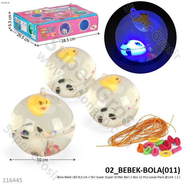 Bola Bekel LED 6,5 cm + Tali Super Duper Glitter Ball 1 Box 12 Pcs Loose Pack @144
