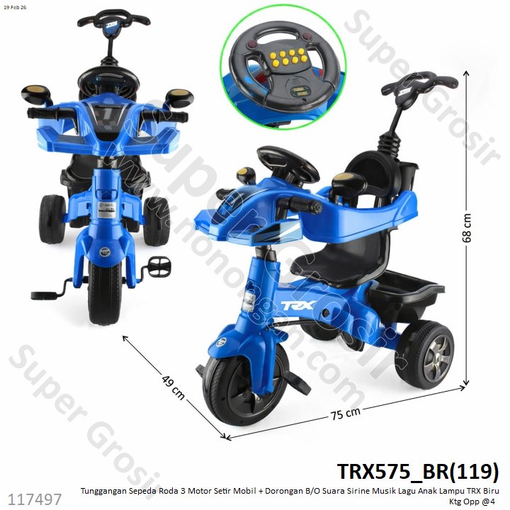 Tunggangan Sepeda Roda 3 Motor Setir Mobil + Dorongan B/O Suara Sirine Musik Lagu Anak Lampu TRX Biru Ktg Opp @4 
