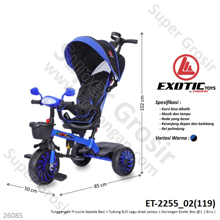 Tunggangan Sepeda Roda 3 Besi + Tudung B/O Lampu Lagu Anak + Dorongan Exotic Box @1