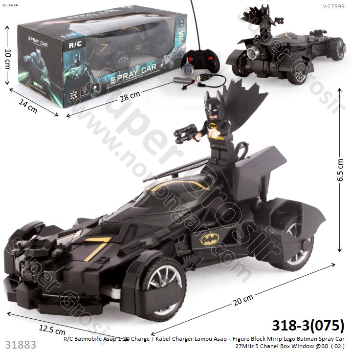 R/C Mobil Batmobile 1:20 Charge + Kabel Charge Asap Lampu + Figure Batman Spray Car UJ99-2815B 27 MHz 5 Channel Box Window @60