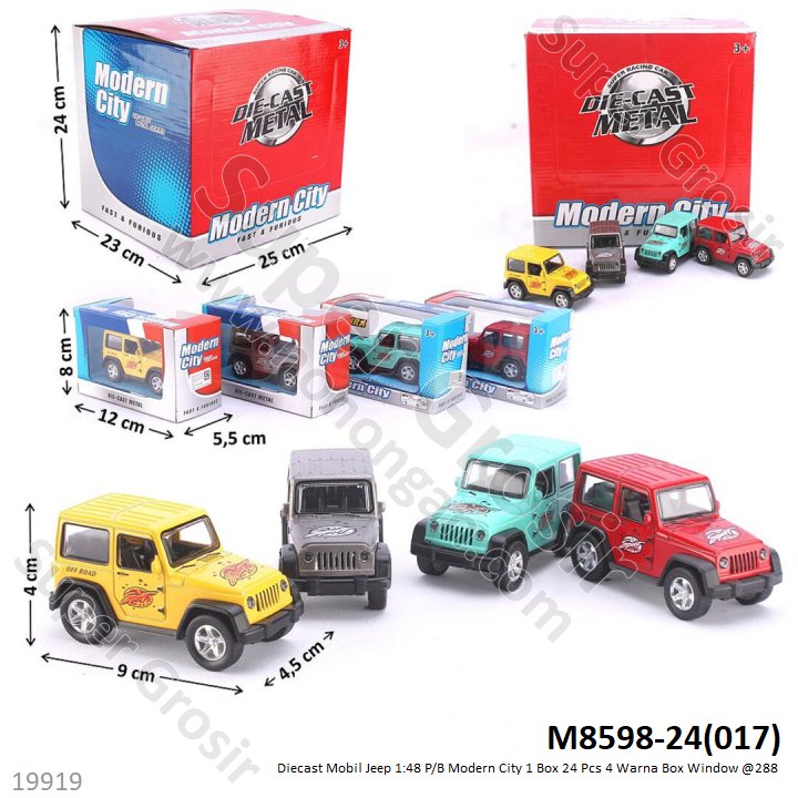 Diecast Mobil Jeep Wrangler 1:48 P/B Modern City 1 Box 24 Pcs 4 Warna Box Window @288
