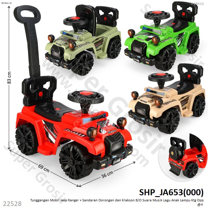 Tunggangan Mobil Jeep Ranger + Sandaran Dorongan dan Klakson B/O Suara Musik Lagu Anak Lampu Ktg Opp @4