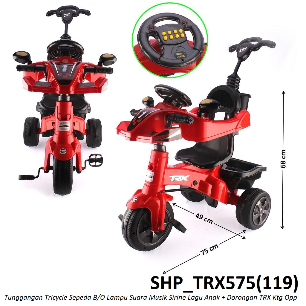 Tunggangan Sepeda Roda 3 Motor Setir Mobil + Dorongan B/O Suara Sirine Musik Lagu Anak Lampu TRX Ktg Opp @4