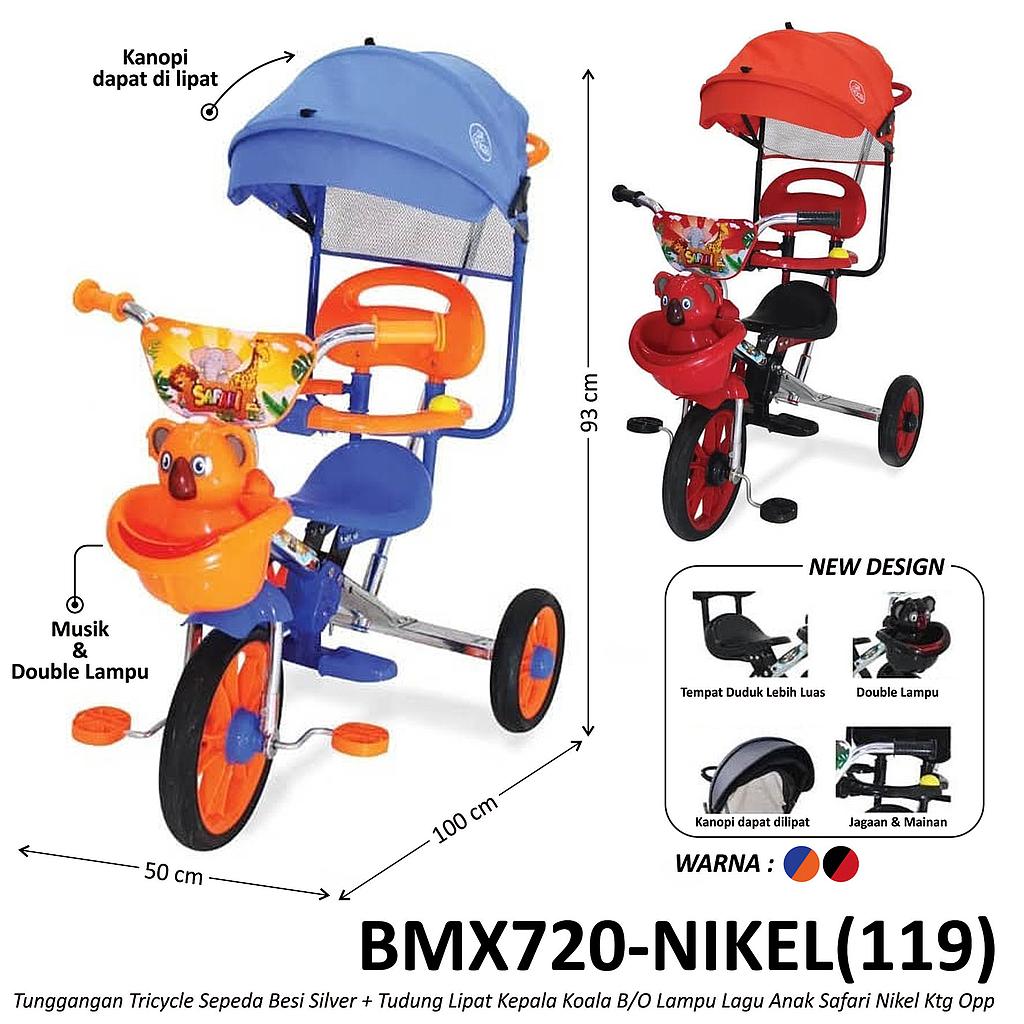 Tunggangan Sepeda Roda 3 Besi Kepala Koala Chrome + Tudung Lipat B/O Lampu Lagu Anak Safari Nikel Ktg Opp @3