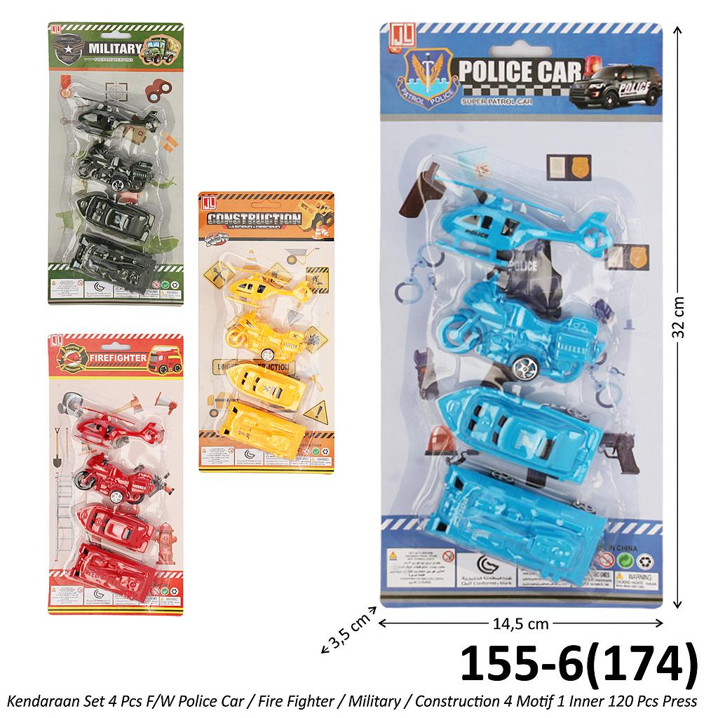 Kendaraan Set 4 Pcs F/W Police Car / Fire Fighter / Military / Construction 4 Motif 1 Inner 120 Pcs Press @240