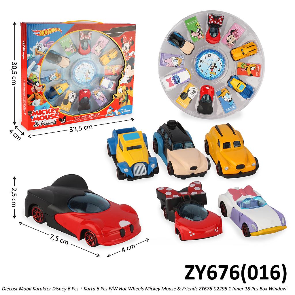 Diecast Mobil Disney 6 Pcs + Kartu 6 Pcs Skala Hot Wheels 1:64 F/W Hot Wheels Mickey Mouse &amp; Friends ZY676-02295 1 Inner 18 Pcs Box Window @36