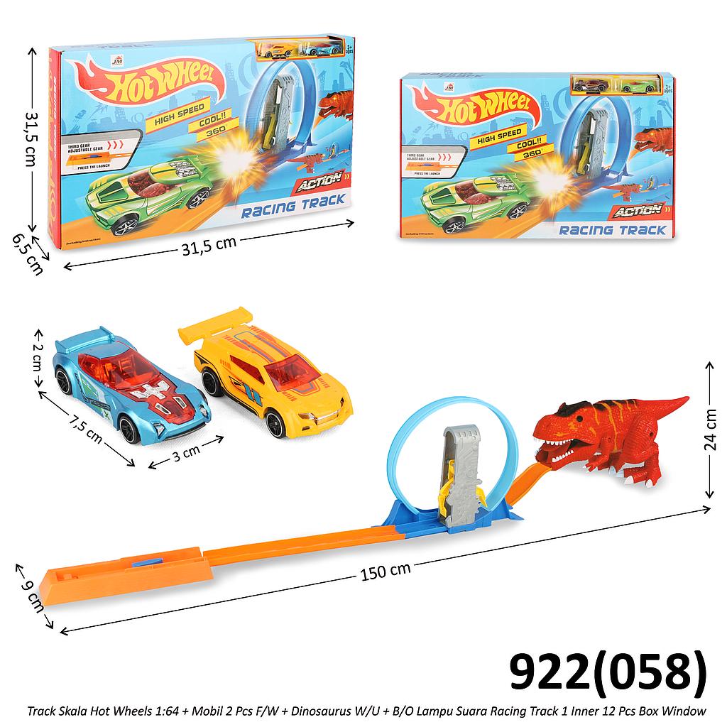 Track Mobil Skala Hot Wheels 1:64 1 Loop + Mobil 2 Pcs F/W + Pelontar Karakter Dinosaurus W/U + B/O Lampu Suara Racing Track 1 Inner 12 Pcs Box Window @24