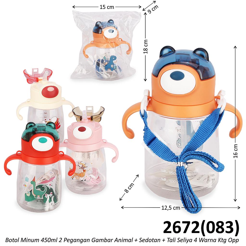 Botol Minum Kepala Beruang 450ml 2 Pegangan Gambar Hewan + Sedotan dan Tali Seliya 4 Warna Ktg Opp @70