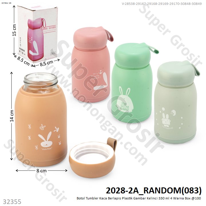 Botol Tumbler Kaca Berlapis Plastik Gambar Kelinci 330 ml 1 Ikat 4 Pcs Box @80