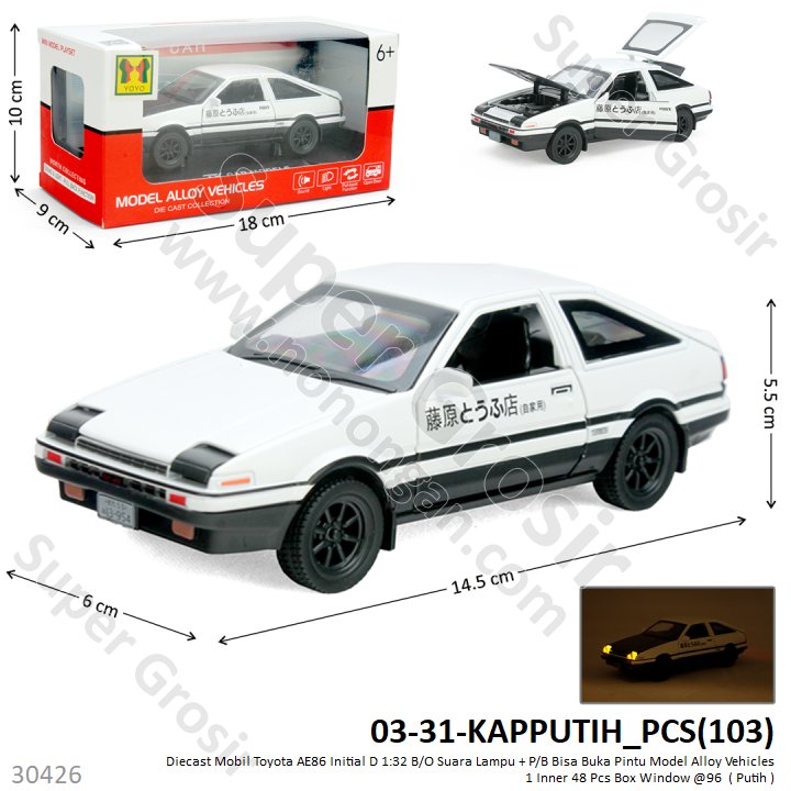 Diecast Mobil Toyota Trueno AE86 Initial D 1:32 B/O Suara Lampu + P/B Bisa Buka Pintu Model Alloy Vehicles 1 Inner 48 Pcs Box Window @96