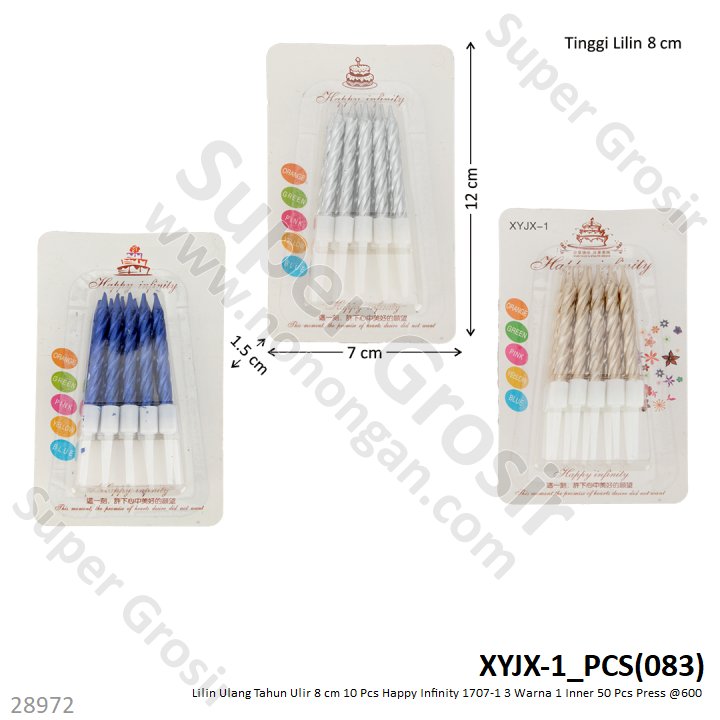 Lilin Ulang Tahun Ulir 8 cm 10 Pcs Happy Infinity 1707-1 3 Warna 1 Inner 50 Pcs Press @600