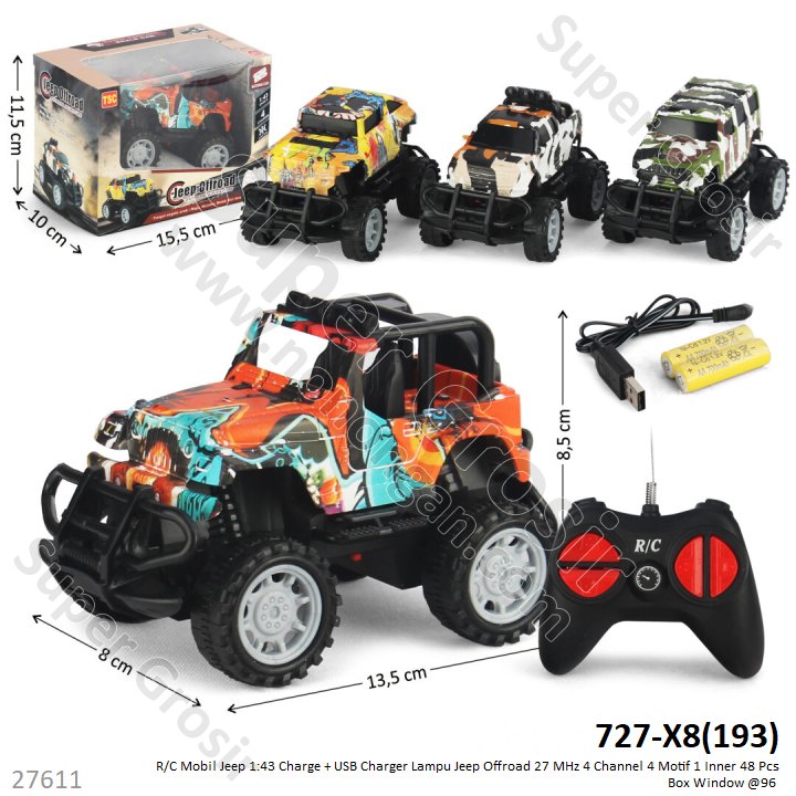 R/C Mobil Jeep 1:43 Charge + USB Charger Lampu Jeep Offroad 14 cm 27 MHz 4 Channel 4 Model 1 Inner 48 Pcs Box Window @96