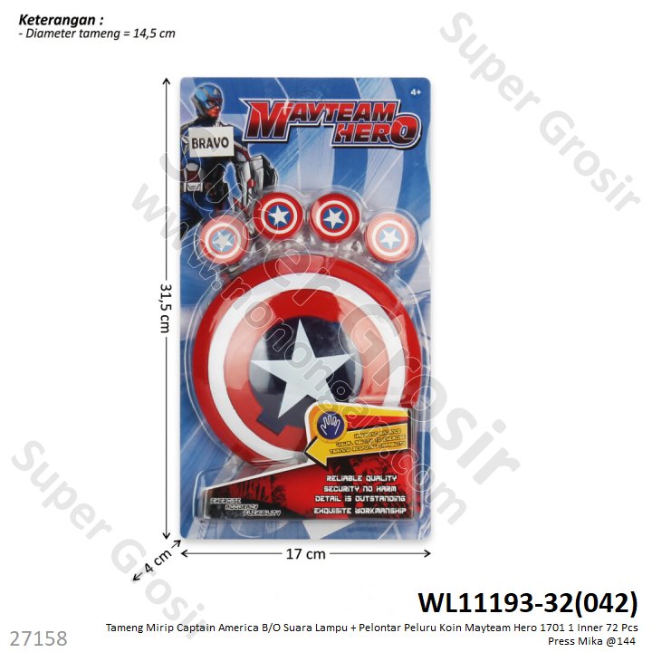 Tameng Captain America Tembak Peluru Koin B/O Suara Lampu Mayteam Hero 1701 1 Inner 72 Pcs Press Mika @144