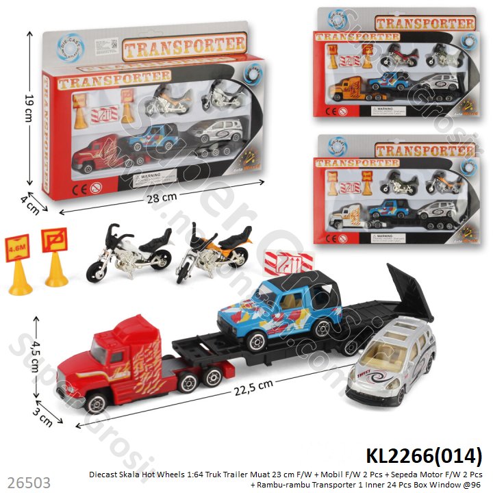 Diecast Mobil Skala Hot Wheels 1:64 Truk Transporter 23 cm F/W + Mobil F/W 2 Pcs + Sepeda Motor F/W 2 Pcs + Rambu-rambu 1 Inner 24 Pcs Box Window @96