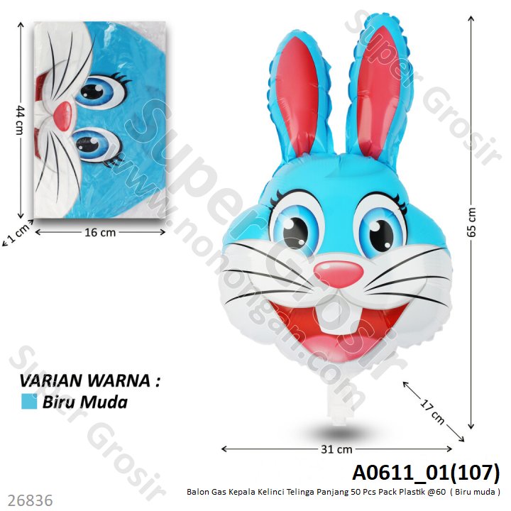 Balon Gas Kepala Kelinci Telinga Panjang 50 Pcs Pack Plastik @60