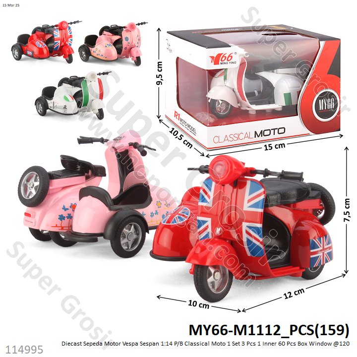 Diecast Sepeda Motor Vespa Sespan 1:14 P/B Classical Moto 1 Set 3 Pcs 1 Inner 60 Pcs Box Window @120