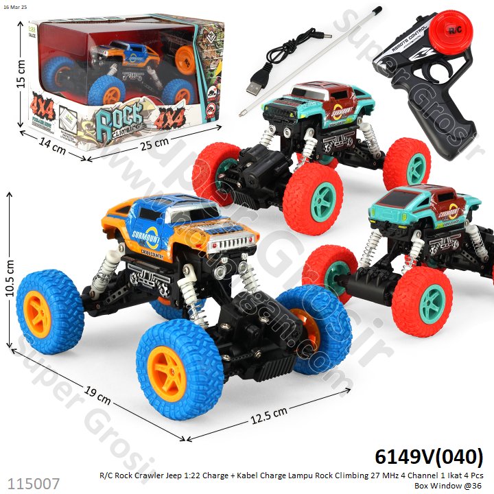 R/C Rock Crawler Jeep 1:22 Charge + Kabel Charge Lampu Rock Climbing 27 MHz 4 Channel 1 Ikat 4 Pcs Box Window @36