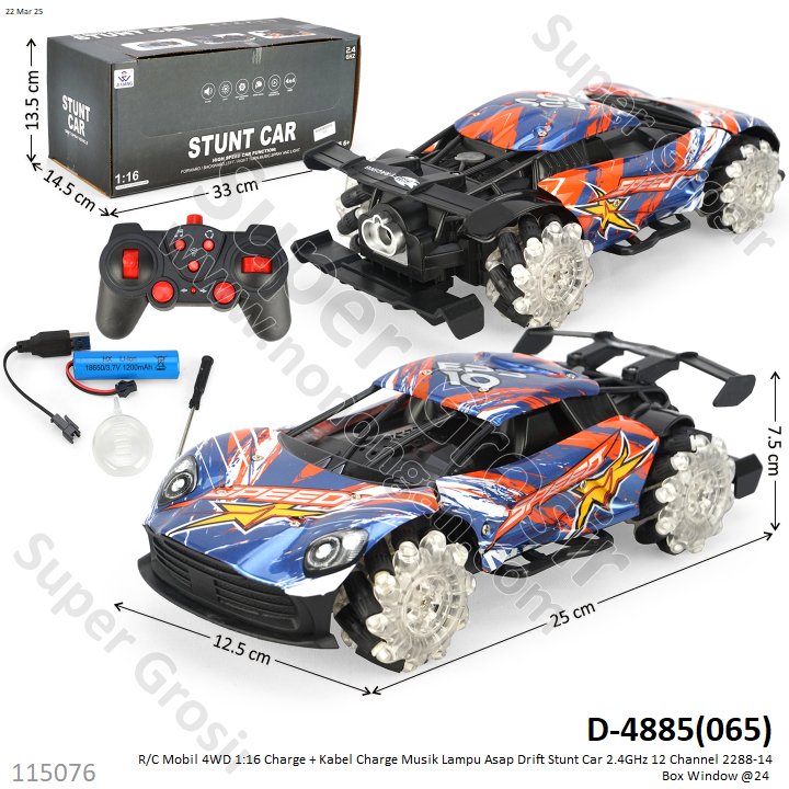 R/C Mobil 4WD 1:16 Charge + Kabel Charge Musik Lampu Asap Drift Stunt Car 2.4GHz 12 Channel 2288-14 Box Window @24