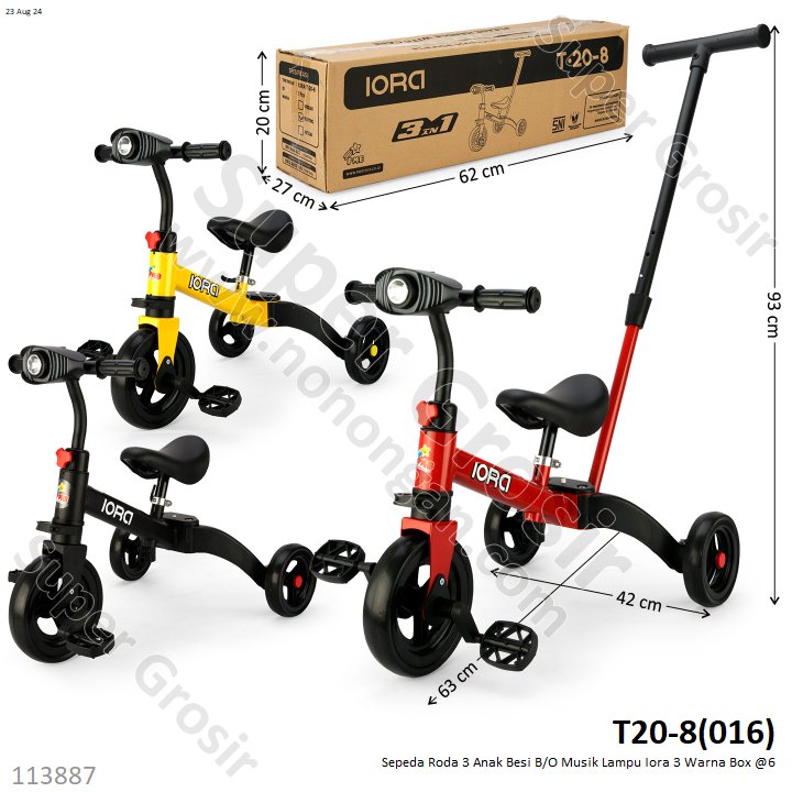 Tunggangan Sepeda Roda 3 Besi + Dorongan B/O Musik Lampu Iora 3 Warna Box @6
