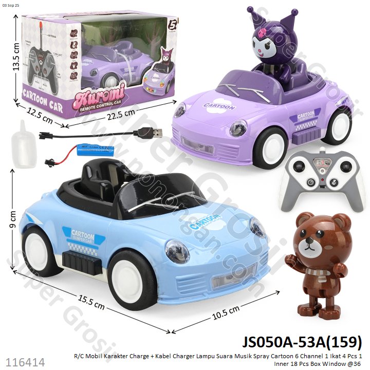 R/C Mobil Karakter Charge + Kabel Charger Lampu Suara Musik Spray Cartoon 6 Channel 1 Ikat 4 Pcs 1 Inner 18 Pcs Box Window @36