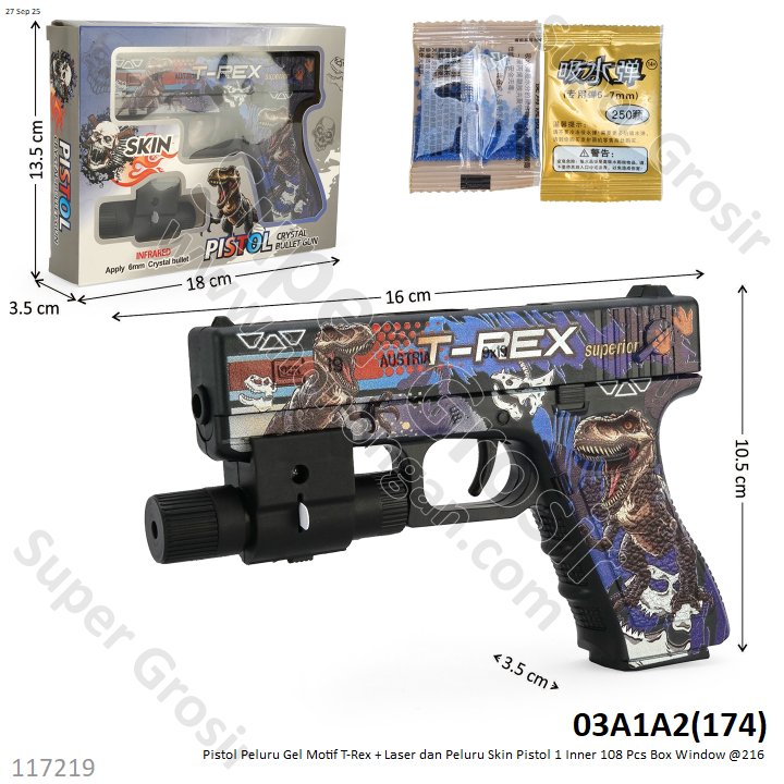 Pistol Peluru Gel Motif T-Rex + Laser dan Peluru Skin Pistol 1 Inner 108 Pcs Box Window @216