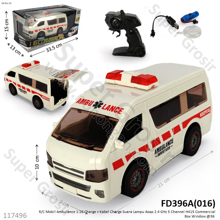 R/C Mobil Ambulance 1:16 Charge + Kabel Charge Suara Lampu Asap 2.4 GHz 5 Channel H415 Commercial Box Window @36