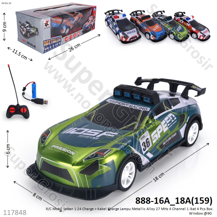 R/C Mobil Sedan 1:24 Charge + Kabel Charge Lampu Metallic Alloy 27 MHz 4 Channel 1 Ikat 4 Pcs Box Window @90