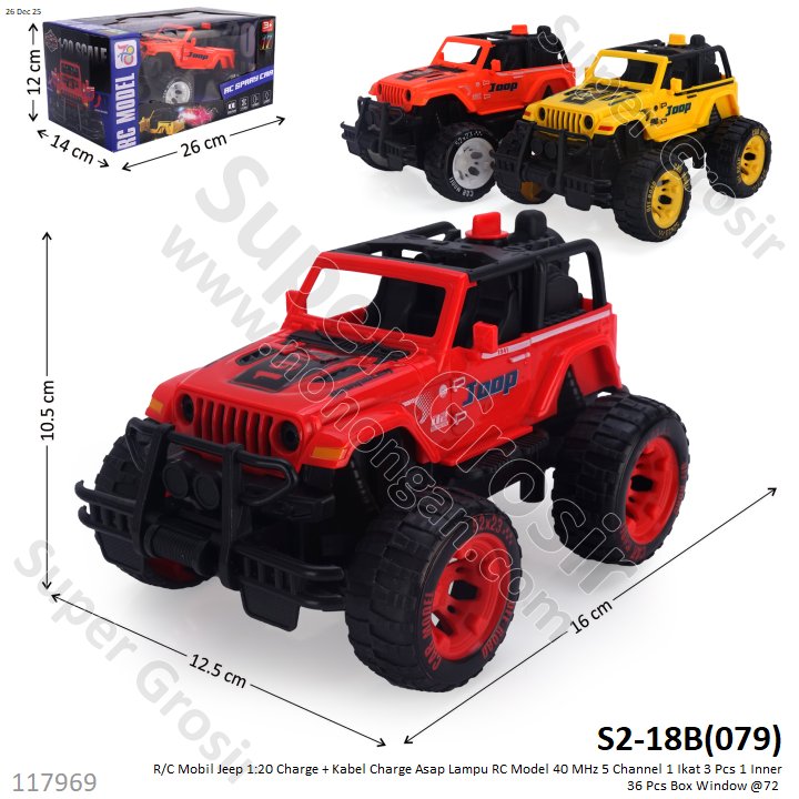 R/C Mobil Jeep 1:20 Charge + Kabel Charge Asap Lampu RC Model 40 MHz 5 Channel 1 Ikat 3 Pcs 1 Inner 36 Pcs Box Window @72