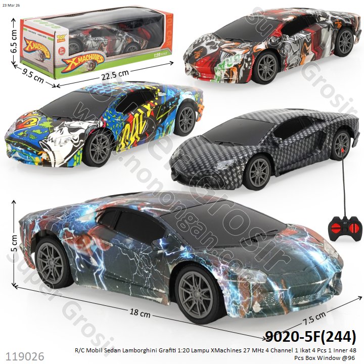 R/C Mobil Sedan Lamborghini Grafiti 1:20 Lampu XMachines 27 MHz 4 Channel 1 Ikat 4 Pcs 1 Inner 48 Pcs Box Window @96