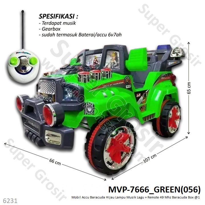 Mobil Aki Jeep Baracuda Hijau Musik Lagu Lampu + Remote 49 Mhz Box @1